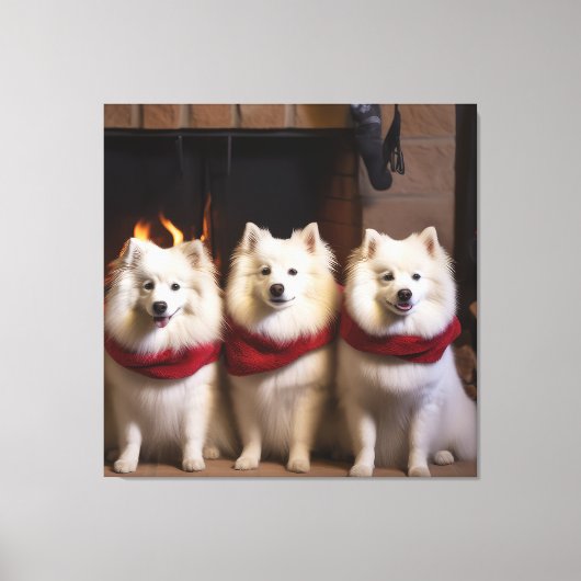 Amerikaanse Eskimohond bij de Open Haard Kerstmis Canvas Afdruk (Voorkant)