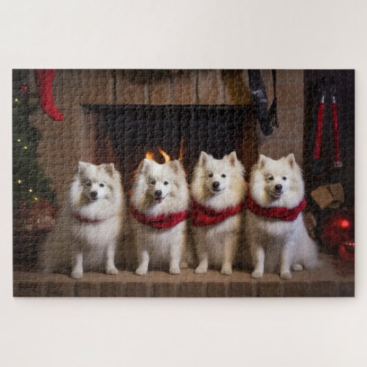 Amerikaanse Eskimohond bij de Openhaard Kerstmis Legpuzzel (Horizontaal)