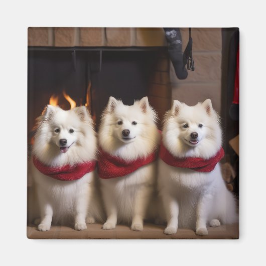 Amerikaanse Eskimohond bij de Openhaard Kerstmis Magneet (Voorkant)