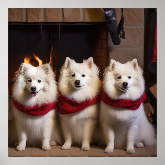 Amerikaanse Eskimohond bij de Openhaard Kerstmis Poster (Voorkant)