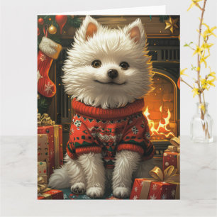 Amerikaanse Eskimohond met kerstcadeaus open haard Kaart