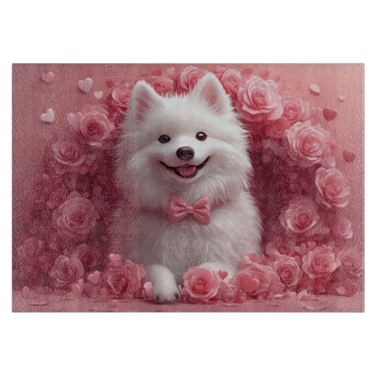 Amerikaanse Eskimohond met Rozen - Valentijnsdag Snijplank (Voorkant)