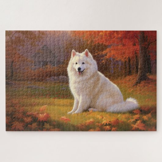 Amerikaanse Eskimohond tussen herfstbladeren Legpuzzel (Horizontaal)
