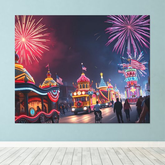 Amerikaanse Feestviering 4 juli Vuurwerk Canvas Afdruk (Insitu (Houten vloer))