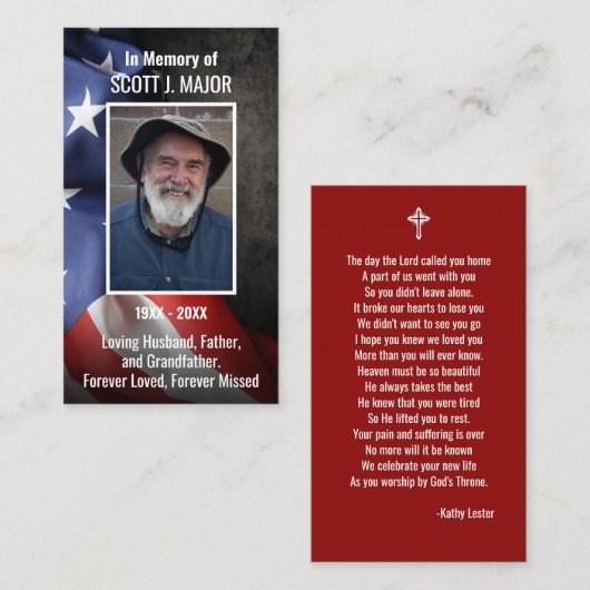 Amerikaanse Flag Funeral Memorial Prayer Photo Car Visitekaartje (Voorkant / Achterkant)