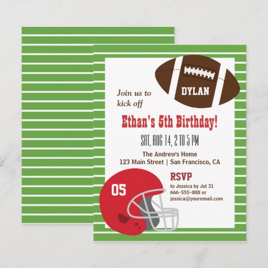 Amerikaanse Football Kinderen van Birthday Kaart (Voorkant / Achterkant)