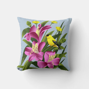Amerikaanse Goldfinch Bird en Alstroemeria Flowers Kussen