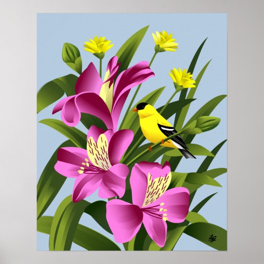Amerikaanse Goldfinch en Alstroemeria Flower Art Poster (Voorkant)