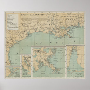 Amerikaanse Golf van Mexico Lighthouse Map (1898) Poster