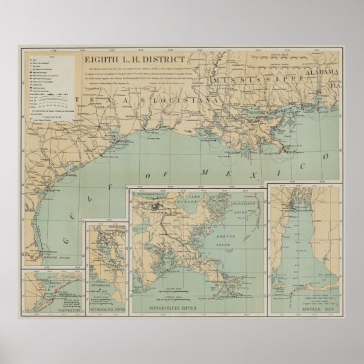  Amerikaanse Golf van Mexico Lighthouse Map (1898) Poster (Voorkant)
