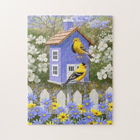 Amerikaanse goudfinch vogelhuis - bloemtuin legpuzzel (Verticaal)
