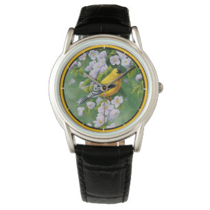 Amerikaanse goudvink en roze appelbloesems horloge