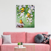 Amerikaanse goudvinken en roze appelbloesems canvas afdruk (Insitu (Woonkamer))