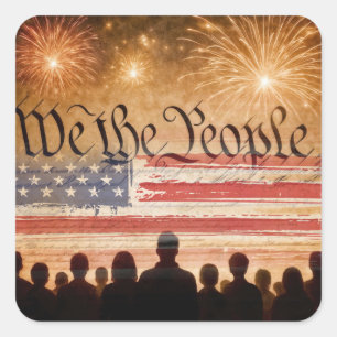 Amerikaanse grondwet met vuurwerk en vlag vierkante sticker