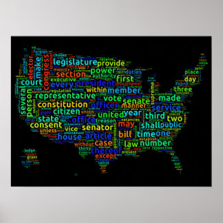 Amerikaanse grondwet Word Cloud Map op zwarte acht Poster