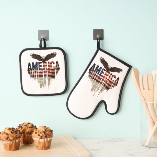 Amerikaanse grunge vlag en adelaar ovenwant & pannenlap set (Insitu(Ophanging))