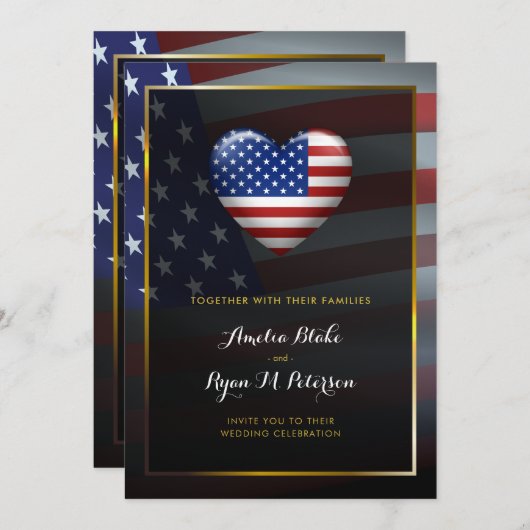 Amerikaanse hartvlag | Goud Lijst | Luxury Wedding Kaart (Voorkant / Achterkant)