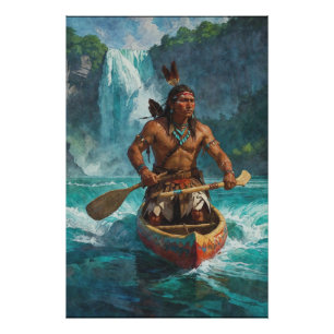 Amerikaanse indiaan, kano en waterval perfect poster