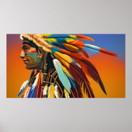 Amerikaanse Indiaan Man veren Oranje blauwe tatoea Poster