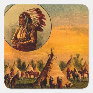 Amerikaanse Indianen Magic Lantern Slide Vierkante Sticker