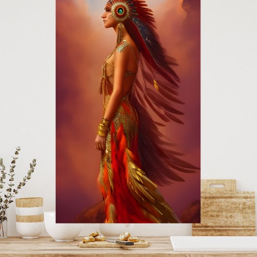 Amerikaanse Indiase vrouw rode goudveer veer 2 Poster (Keuken)