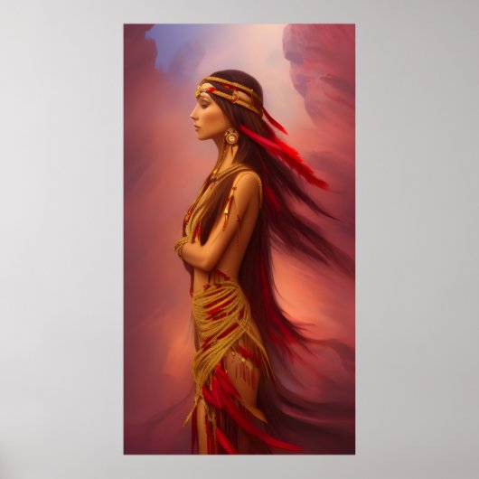 Amerikaanse Indiase vrouw rode goudveren veren Poster (Voorkant)
