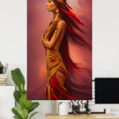 Amerikaanse Indiase vrouw rode goudveren veren Poster (Thuiskantoor)