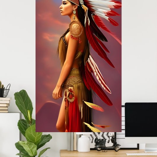 Amerikaanse Indische rode witte veren goud Poster (Thuiskantoor)