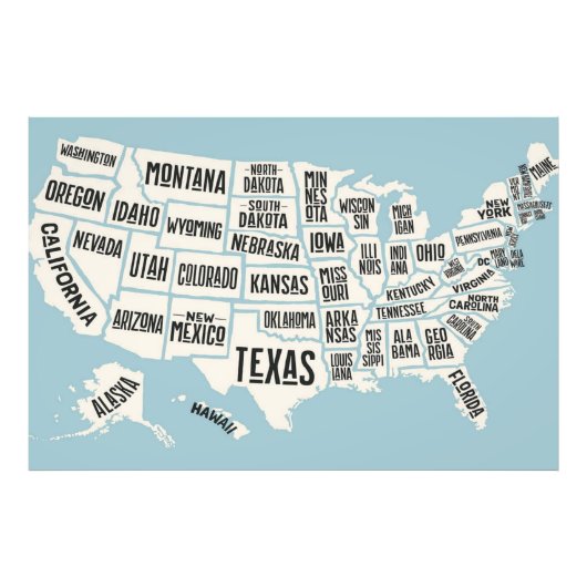 Amerikaanse kaart met staatsnamen Verenigde Staten Foto Afdruk (Voorkant)