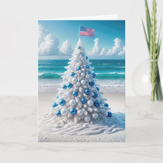 Amerikaanse kerstboom op het strand feestdagen kaart (Voorkant)