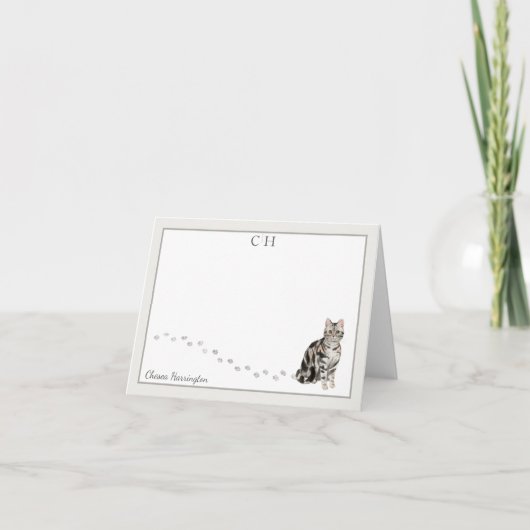 Amerikaanse Korthaar Kat Grijs Rand Monogram Naam Bedankkaart (Voorkant)