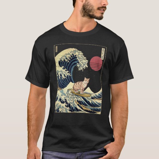 Amerikaanse Korthaar Kat Kanagawa Wave Funny Surf T-shirt (Voorkant)