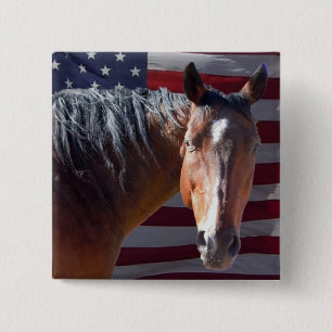 Amerikaanse kwartpaarden en -vlag - patriottisch vierkante button 5,1 cm