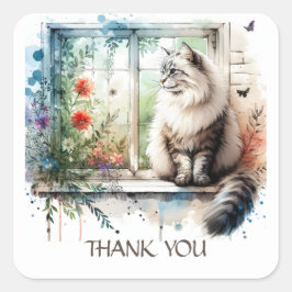 Amerikaanse langharige kat in venster zomerbloemen vierkante sticker