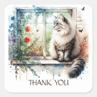 Amerikaanse langharige kat in venster zomerbloemen vierkante sticker