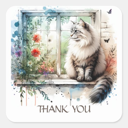 Amerikaanse langharige kat in venster zomerbloemen vierkante sticker (Voorkant)