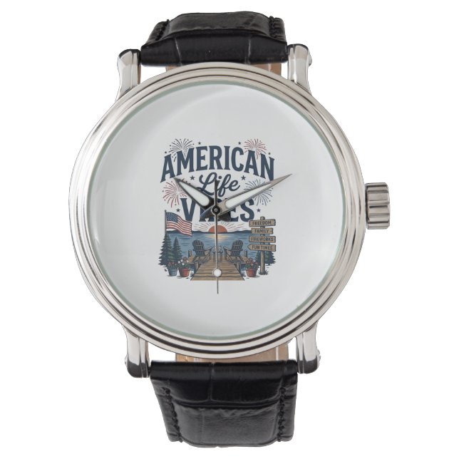 Amerikaanse Leven Vibes Patriottische Meer Vector  Horloge (Voorkant)