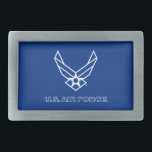Amerikaanse luchtmacht Logo - blauw Gesp<br><div class="desc">Dit ontwerp toont de officiële logo van de Amerikaanse luchtmacht op een opvallende blauwe achtergrond. Het symboliseert trots,  toewijding en service en is een tijdloos en patriottisch eerbetoon aan de Amerikaanse luchtmacht en zijn rijke traditie van uitmuntendheid.</div>