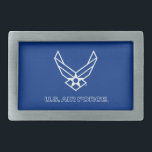 Amerikaanse luchtmacht Logo - blauw Gesp<br><div class="desc">Dit ontwerp toont de officiële logo van de Amerikaanse luchtmacht op een opvallende blauwe achtergrond. Het symboliseert trots,  toewijding en service en is een tijdloos en patriottisch eerbetoon aan de Amerikaanse luchtmacht en zijn rijke traditie van uitmuntendheid.</div>