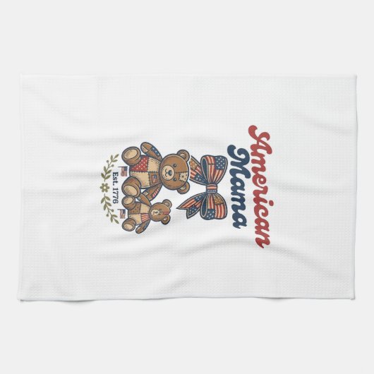 Amerikaanse Mama Patriottische Beer Patchwork Vect Theedoek (Horizontaal)