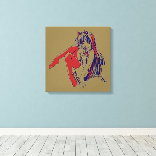 Amerikaanse Manga Neko Catgirl Kawaii Anime Canvas Afdruk (Insitu (Houten vloer))