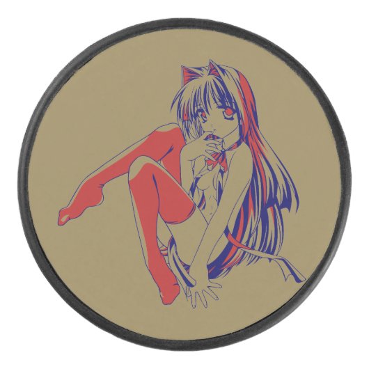 Amerikaanse Manga Neko Catgirl Kawaii Anime Hockey Puck (Voorkant)