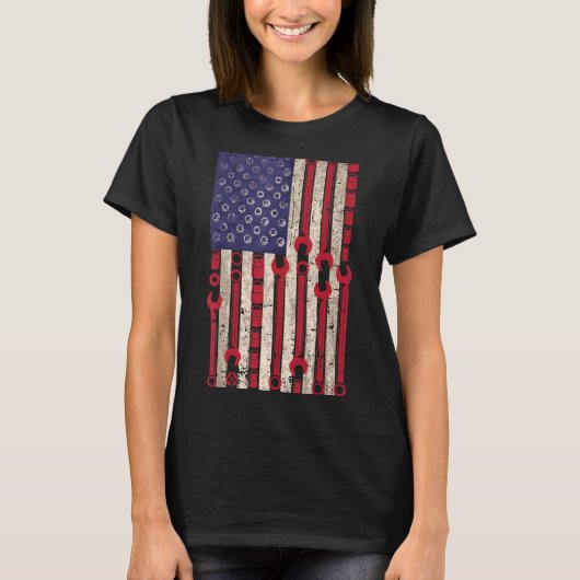 Amerikaanse Mechanische Vlag 4 juli Patriottische  T-shirt (Voorkant)