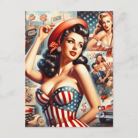 Amerikaanse Meisje Pin-Up Collage Briefkaart (Voorkant)