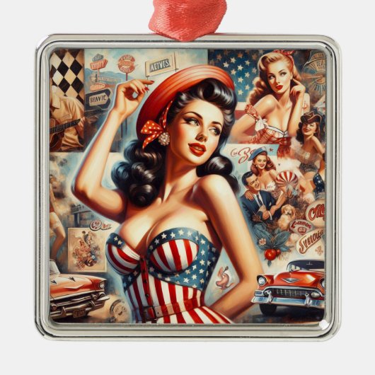 Amerikaanse Meisje Pin-Up Collage Metalen Ornament (Voorkant)