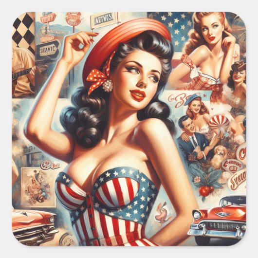 Amerikaanse Meisje Pin-Up Collage Vierkante Sticker (Voorkant)
