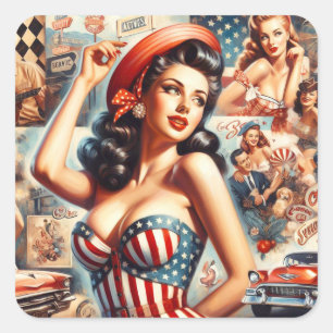 Amerikaanse Meisje Pin-Up Collage Vierkante Sticker