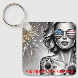 Amerikaanse Meisje Vlag Zonnebril en Vuurwerk Cust Sleutelhanger