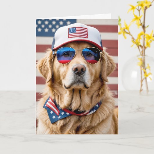 Amerikaanse Patriottische Golden Retriever Verjaar Kaart (Gele Bloem)