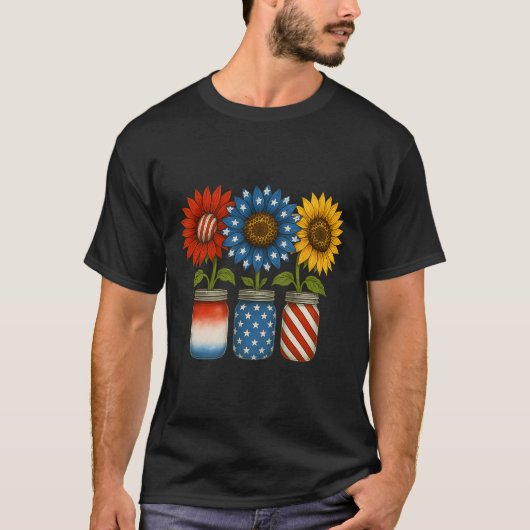 Amerikaanse Patriottische Vlag Potjes met Zonneblo T-shirt (Voorkant)